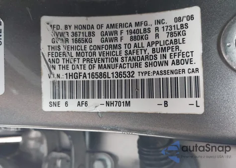 2006 Honda Civic Lx from USA, damaged, VIN 1HGFA16586L136532